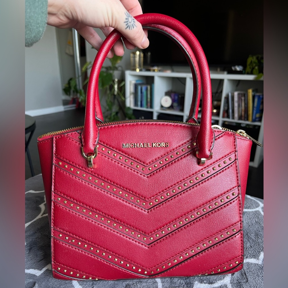 Michael Kors Ellis Leather Small Convertible Satchel Handbag Red
